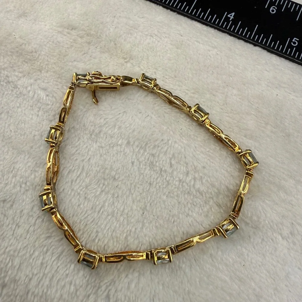 Tennis Bracelet Gold Tone Blue Stone 925 Sterling Silver JJT 7